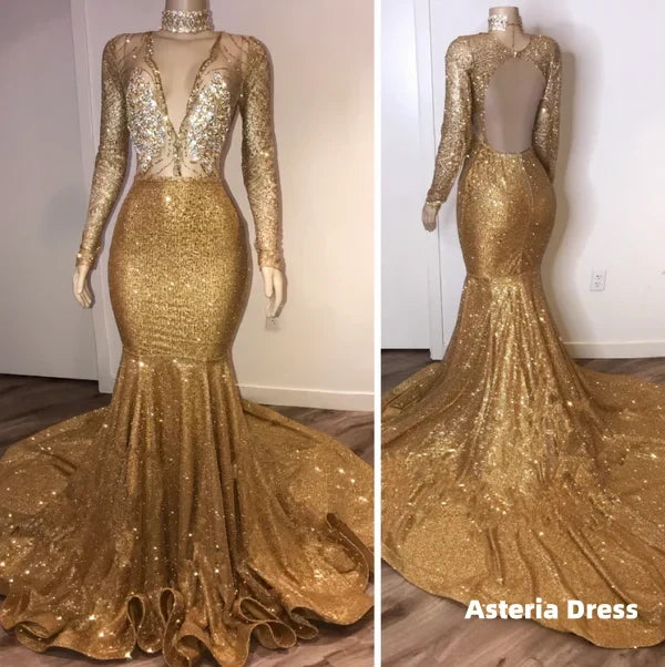Black Girl Prom Dresses, Open Back Gold Prom Dresses, Cheap With Choker Long Sleeve Mermaid V Neck Sexy Evening Gowns With Crystals