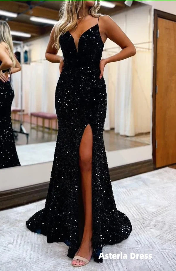 Black Lace-Up Back Sequins Mermaid Prom Dress with Slit Formal Evening Dresses