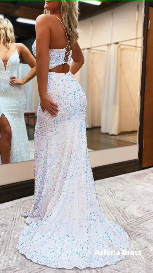 Black Lace-Up Back Sequins Mermaid Prom Dress with Slit Formal Evening Dresses