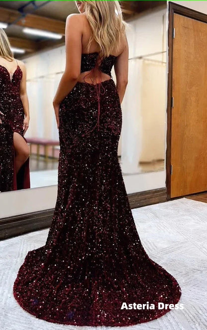 Black Lace-Up Back Sequins Mermaid Prom Dress with Slit Formal Evening Dresses