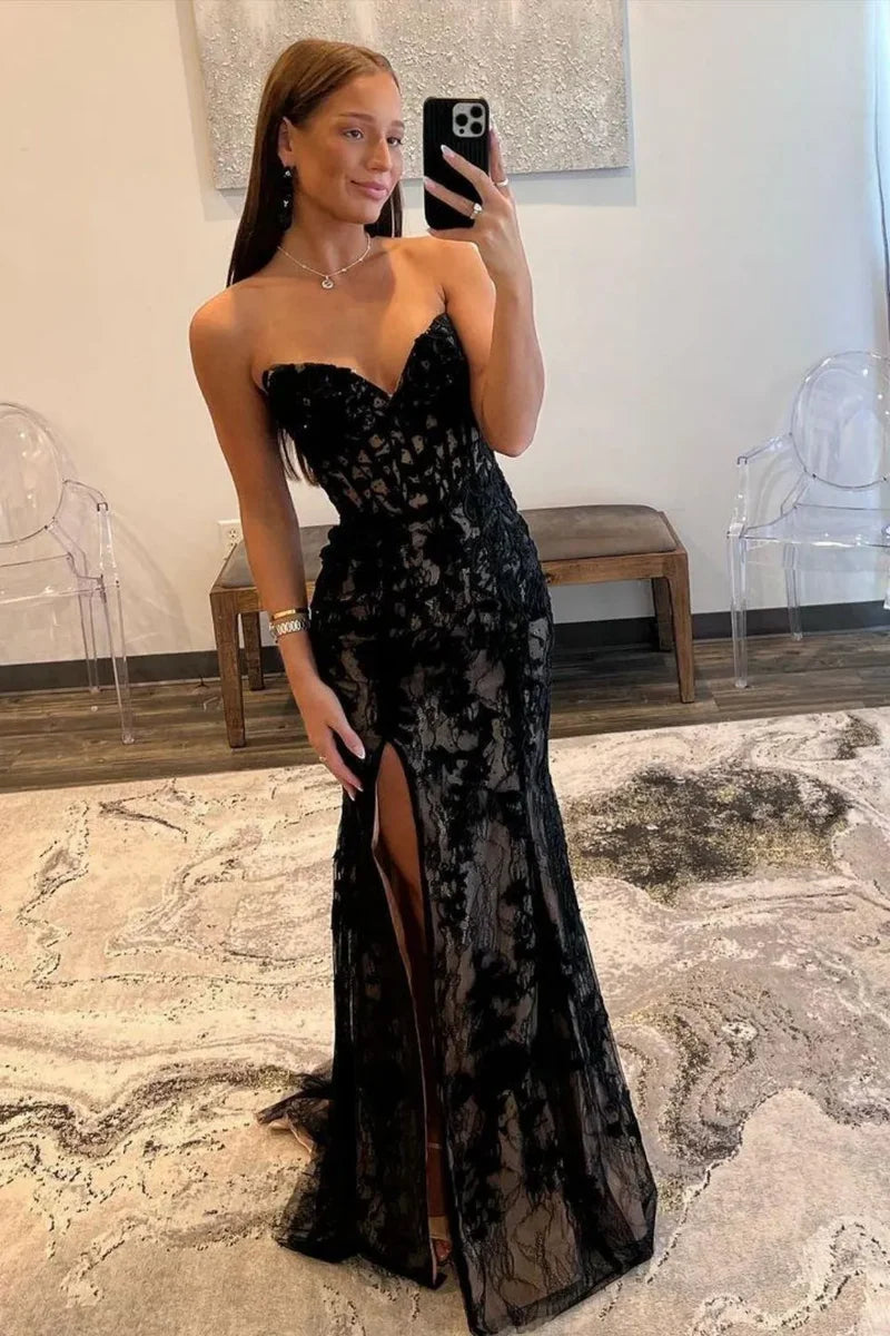 Black Mermaid Prom Gown with Lace-Up Corset Back Strapless Neckline and Sweep Train