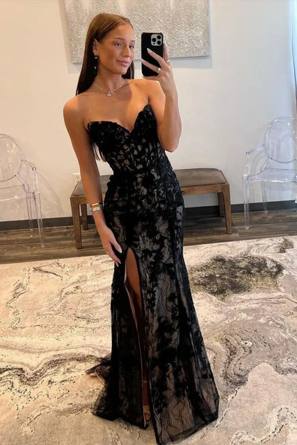 Black Mermaid Prom Gown with Lace-Up Corset Back Strapless Neckline and Sweep Train