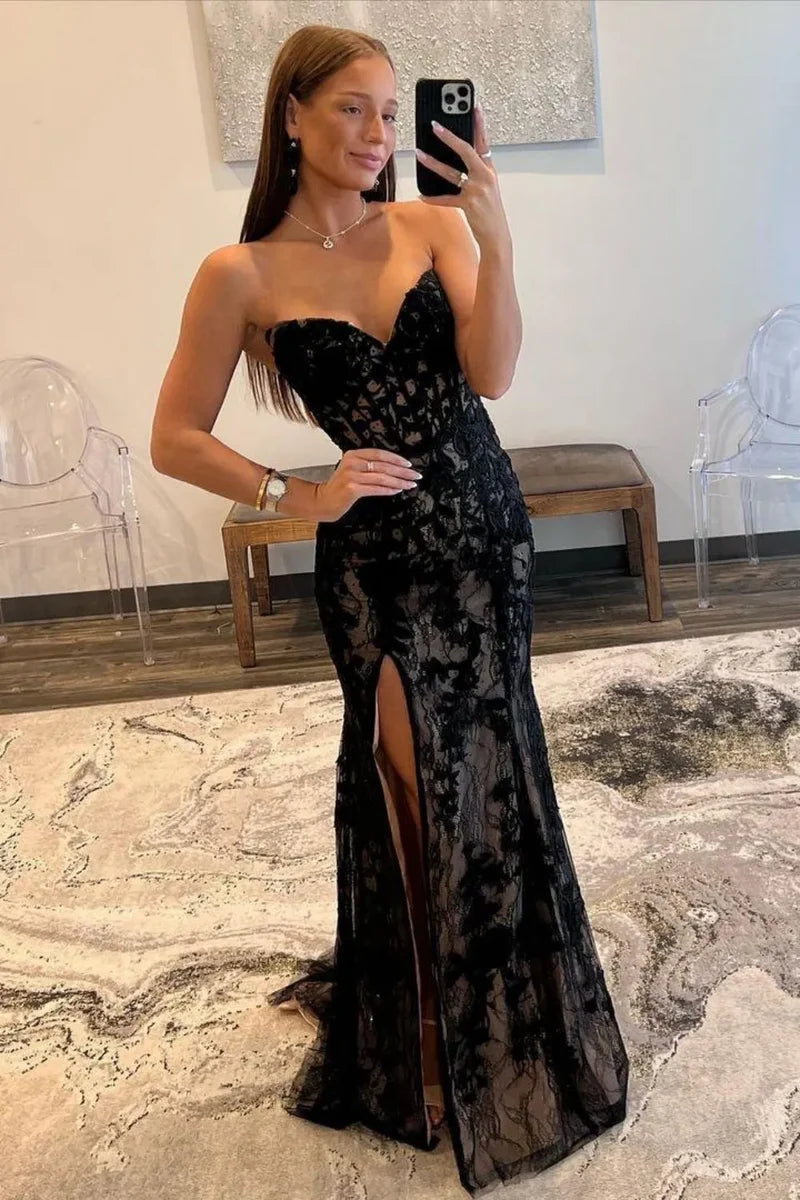 Black Mermaid Prom Gown with Lace-Up Corset Back Strapless Neckline and Sweep Train