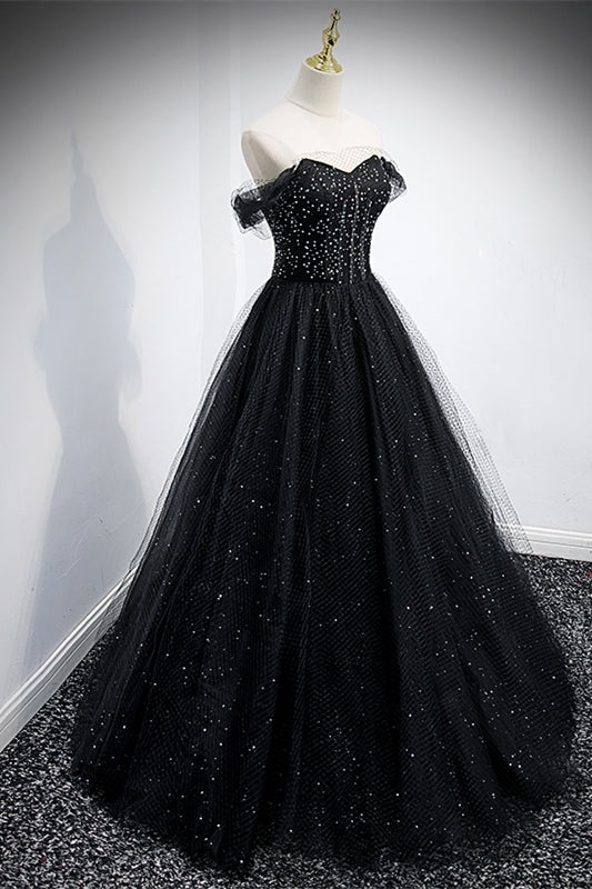 Black Off the Shoulder Tulle Formal Gown