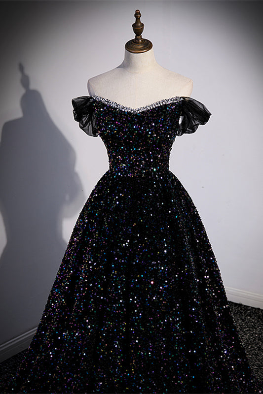 Black Sequin Off the Shoulder Long Formal Gown