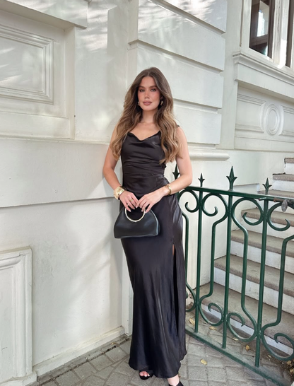 Black Sexy Sheath Spaghetti Straps Satin Prom Dress Outfits