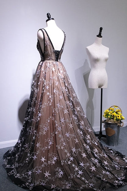 Black Stars Tulle A-line Long Formal Dress