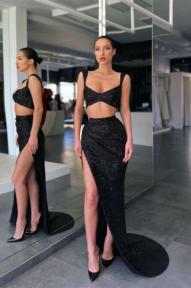 Black Two Pieces Mermaid Straps Sequin Prom Dress with High Slit