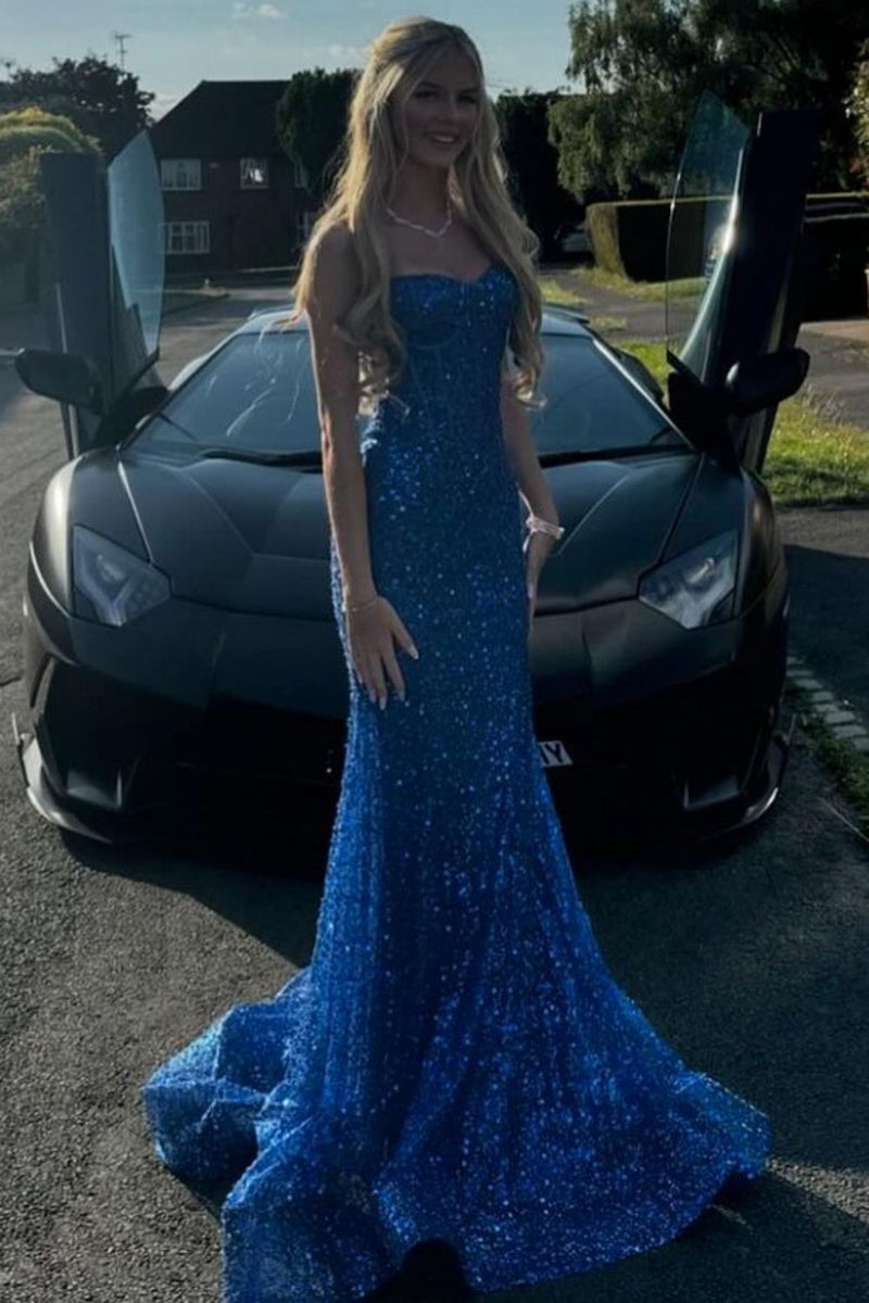 Bling Mermaid Spaghetti Straps Light Blue Sequins Long Prom Dress