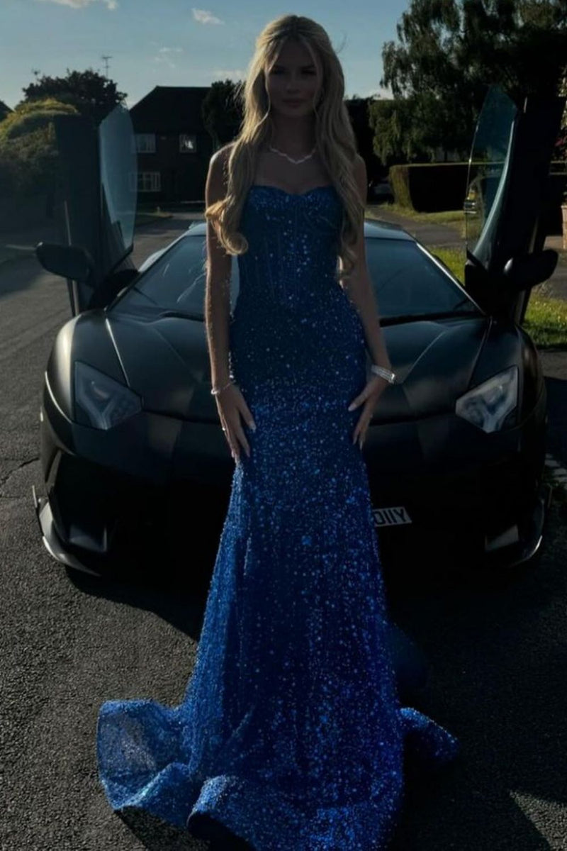 Bling Mermaid Spaghetti Straps Light Blue Sequins Long Prom Dress