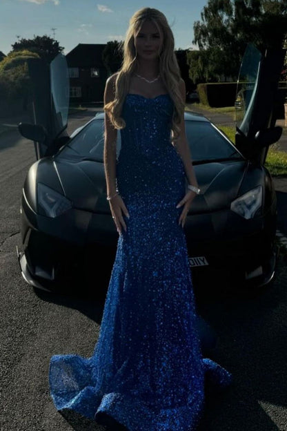 Bling Mermaid Spaghetti Straps Light Blue Sequins Long Prom Dress