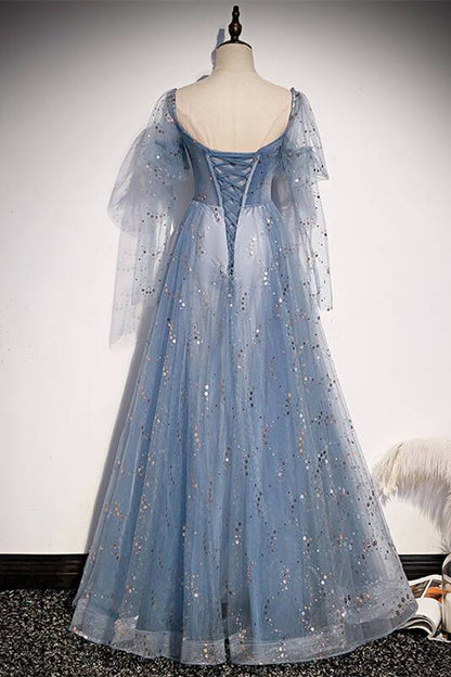 Blue A-line Tulle Fairy Dress with Short Sleeves