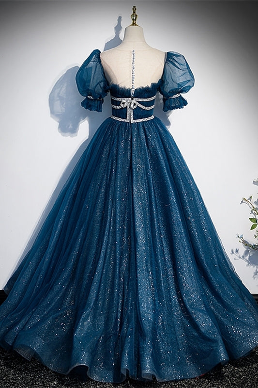Blue A-line Tulle Long Formal Dress with Short Puffy Sleeves