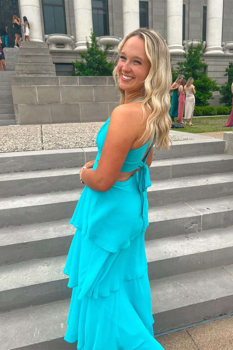 Blue Chiffon Cutouts Tiered Party Dress