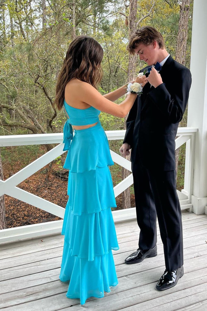 Blue Chiffon Cutouts Tiered Party Dress