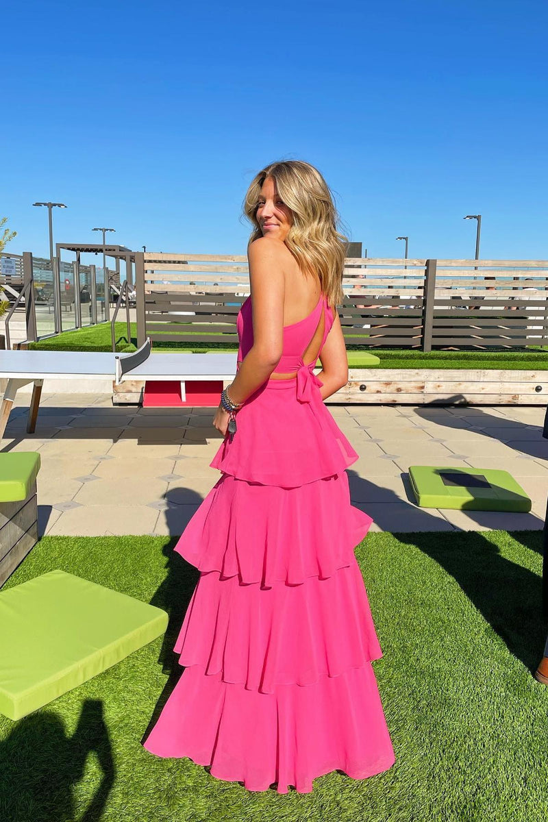Blue Chiffon Cutouts Tiered Party Dress