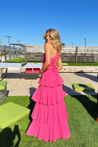 Blue Chiffon Cutouts Tiered Party Dress