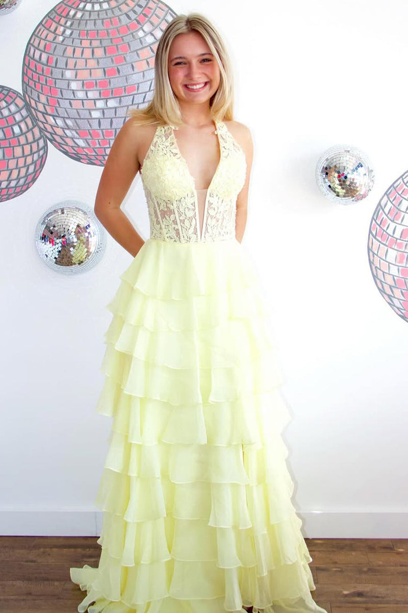 Blue Chiffon Prom Dress with A Line Shape Lace Top Halter Neck and Slit Accent