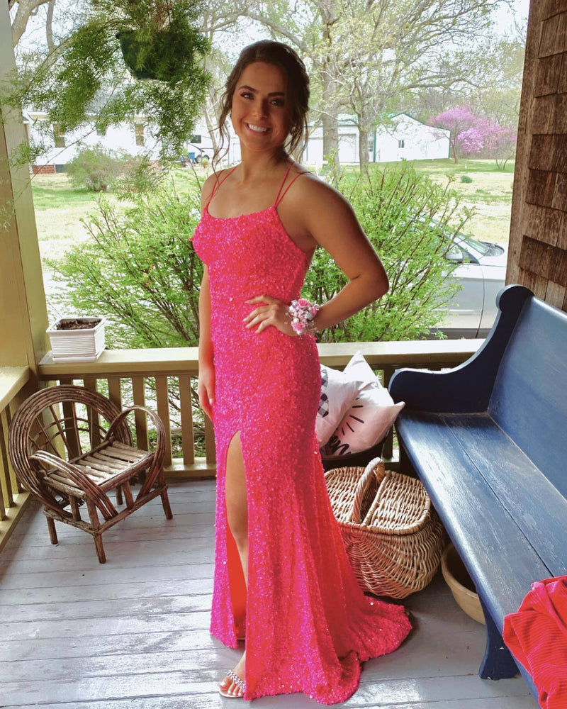 Blue Sequin Mermaid Long Formal Dress with Straps