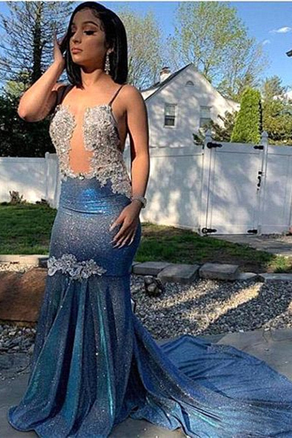Bluetti-Straps Mermaid Long Prom Dress With Sequins
