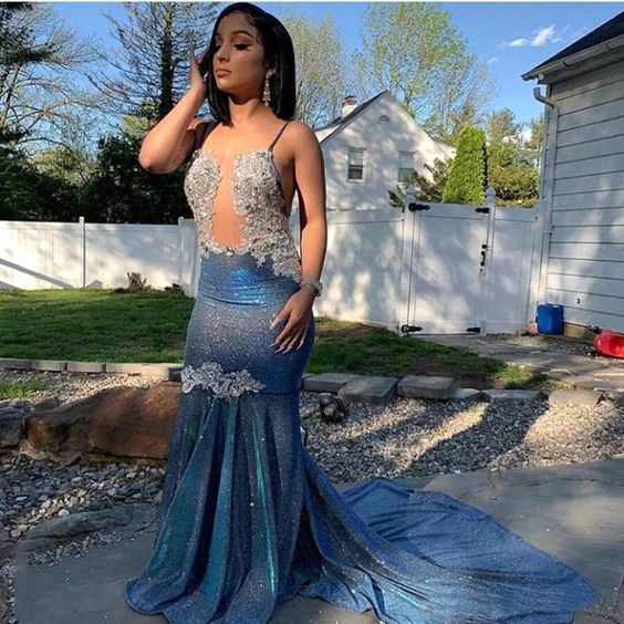 Bluetti-Straps Mermaid Long Prom Dress With Sequins