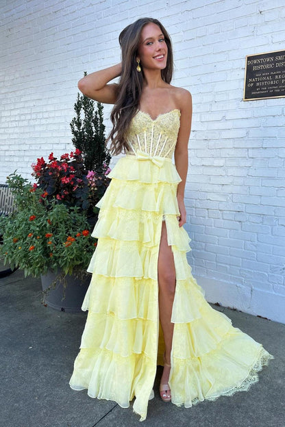 Blush Pink A-Line Lace Corset Prom Dress with Tiered Ruffle Skirt & Slit