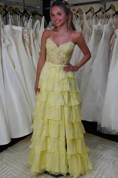 Blush Pink A-Line Lace Corset Prom Dress with Tiered Ruffle Skirt & Slit