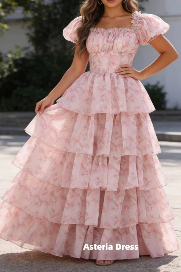 Blush Pink A Line Square Neck Tiered Prom Dress with Ruffles