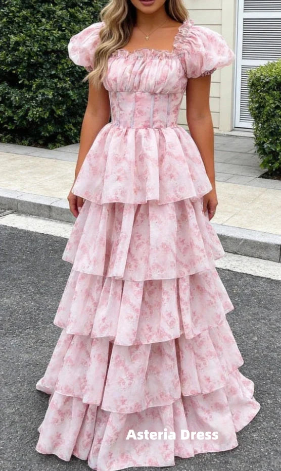 Blush Pink A Line Square Neck Tiered Prom Dress with Ruffles