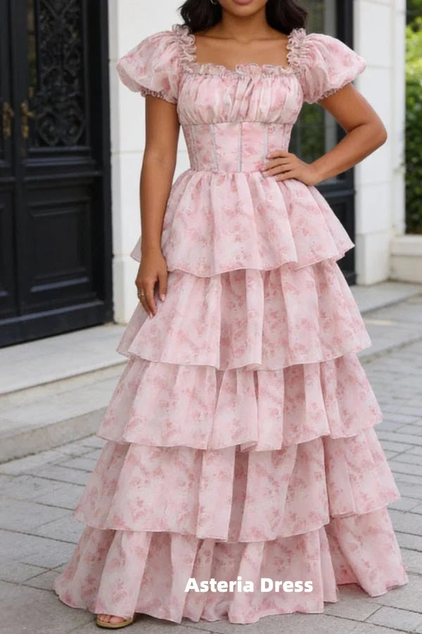 Blush Pink A Line Square Neck Tiered Prom Dress with Ruffles