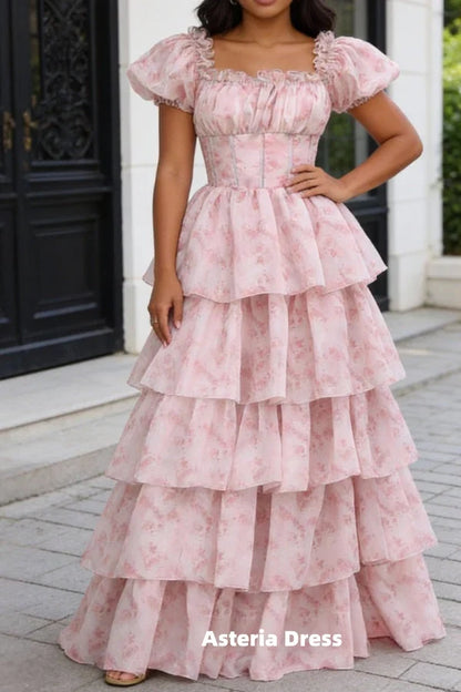 Blush Pink A Line Square Neck Tiered Prom Dress with Ruffles