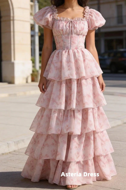 Blush Pink A Line Square Neck Tiered Prom Dress with Ruffles