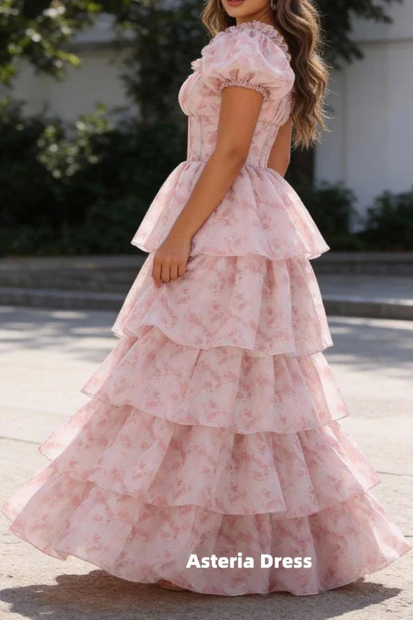 Blush Pink A Line Square Neck Tiered Prom Dress with Ruffles