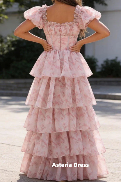 Blush Pink A Line Square Neck Tiered Prom Dress with Ruffles