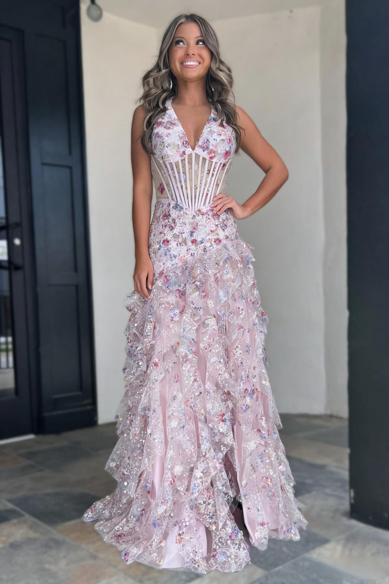 Blush Pink Floral Appliqu¨¦ Halter Neck Ruffle Prom Gown with Corset Bodice