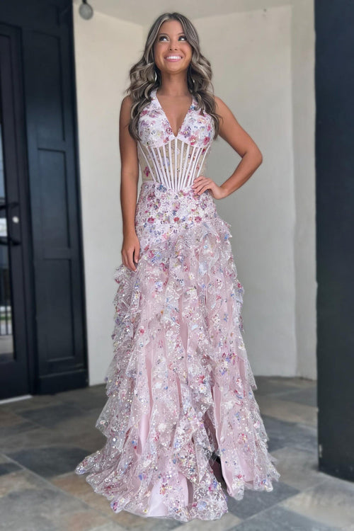 Blush Pink Floral Appliqu¨¦ Halter Neck Ruffle Prom Gown with Corset Bodice