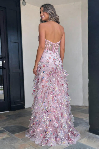Blush Pink Floral Appliqu¨¦ Halter Neck Ruffle Prom Gown with Corset Bodice