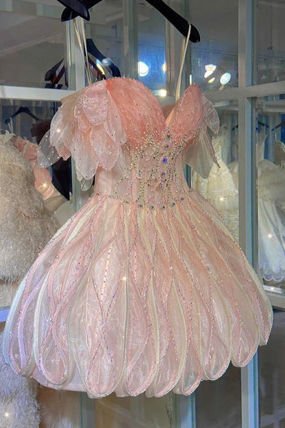 Blush Pink Organza Beaded Homecoming Dresses V-Neck Mini Hoco Party Dress,AST1968