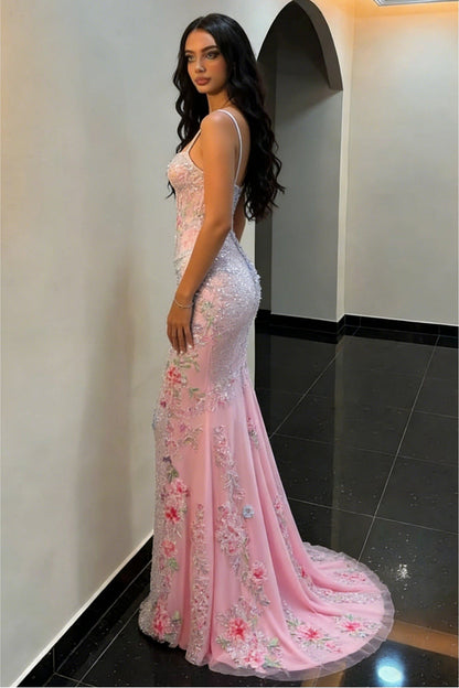 Blush Pink Sparkly Floral Beaded Spaghetti Straps Mermaid Prom Dress