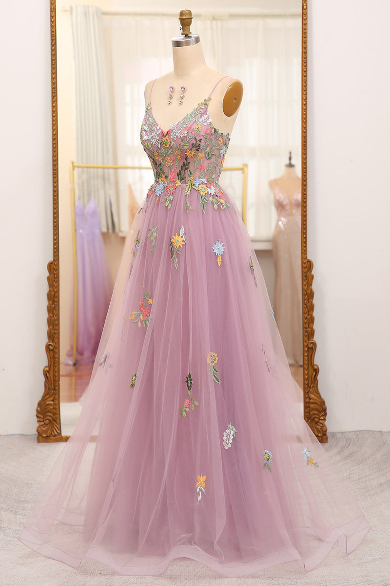 Blush Straps Floral Embroidered A-line Long Formal Dress