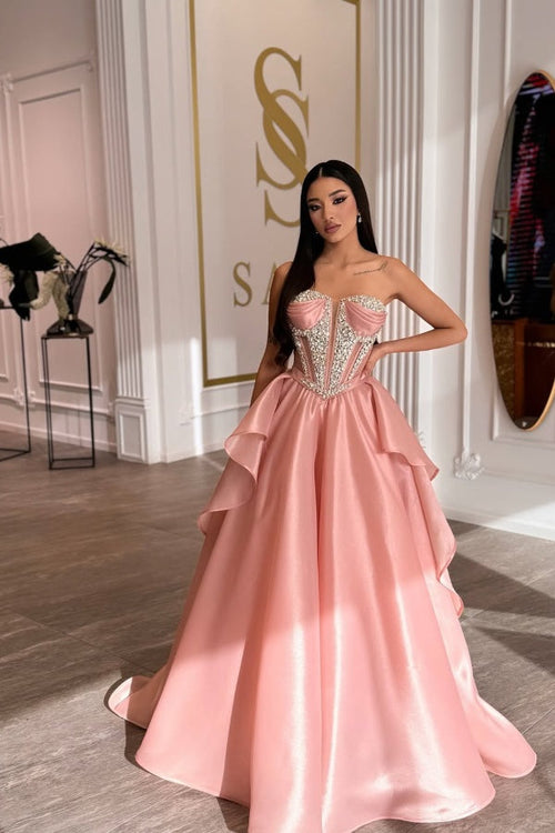 Blushing Pink Strapless Sweetheart Pleated Prom Dress withstone