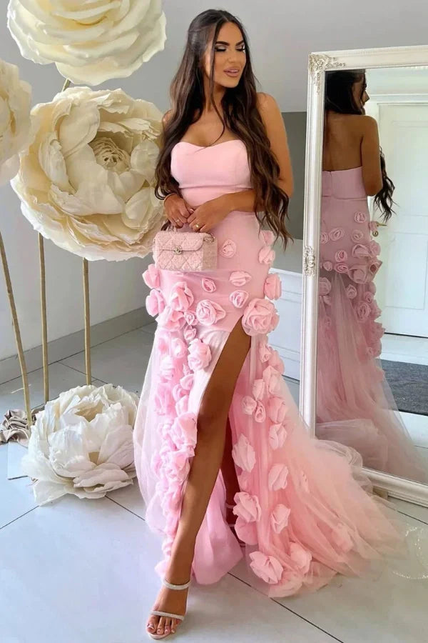 Blushing Pink Strapless Sweetheart Prom Dresswith Flower