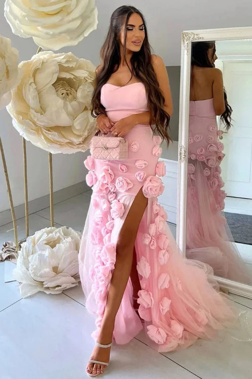 Blushing Pink Strapless Sweetheart Prom Dresswith Flower