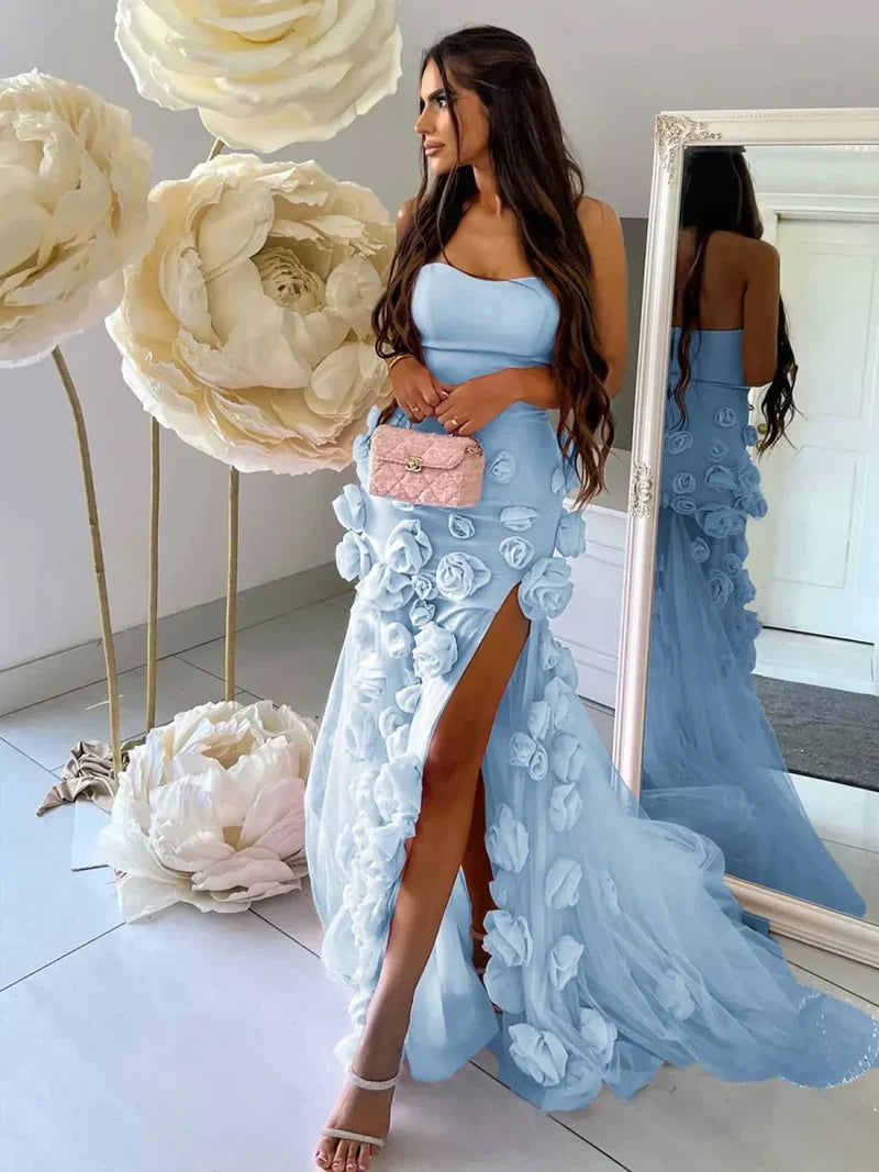 Blushing Pink Strapless Sweetheart Prom Dresswith Flower