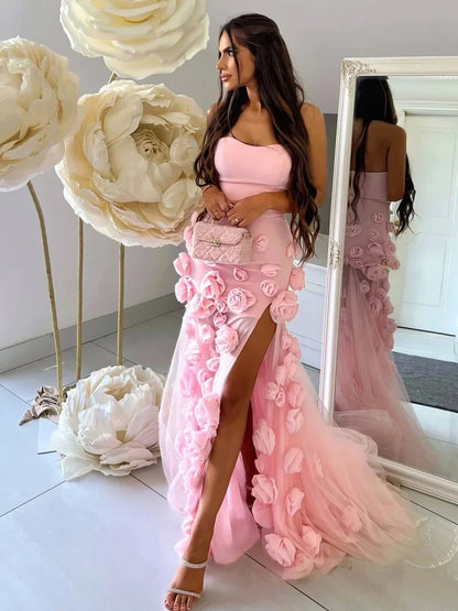 Blushing Pink Strapless Sweetheart Prom Dresswith Flower