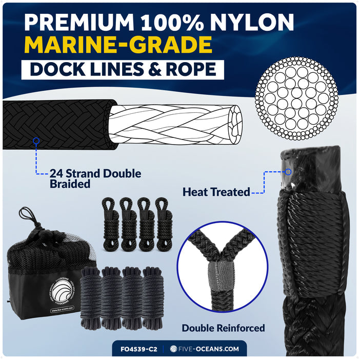 Boat Docking Kit - 4.5" x 16" Blue Fenders & Dock Lines, 4-Pack
