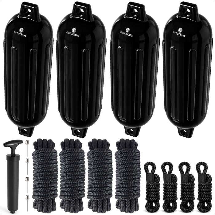 Boat Docking Kit - 6.5" x 23" Black Fenders & Dock Lines, 4-Pack