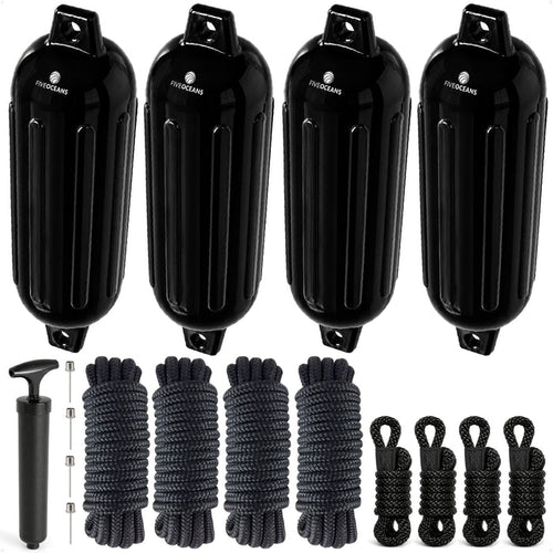 Boat Docking Kit - 6.5" x 23" Black Fenders & Dock Lines, 4-Pack