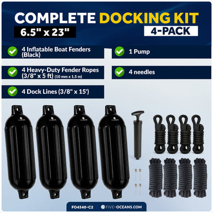 Boat Docking Kit - 6.5" x 23" Black Fenders & Dock Lines, 4-Pack