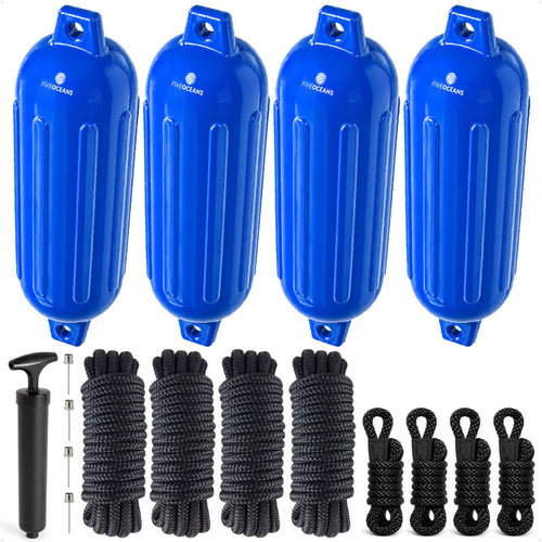 Boat Docking Kit - 6.5" x 23" Blue Fenders & Dock Lines, 4-Pack
